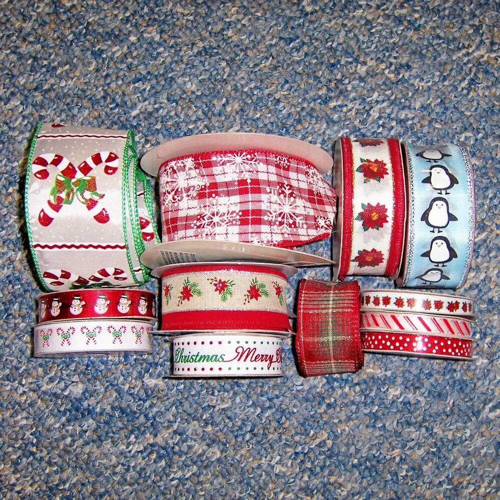Holiday Christmas Ribbon Lot Wired and Non-Wired for Bows, 12 Rolls, Some New